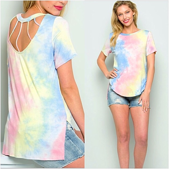 Flirty Tie Dye Cage Back Tee Top SML - Picture 2 of 6